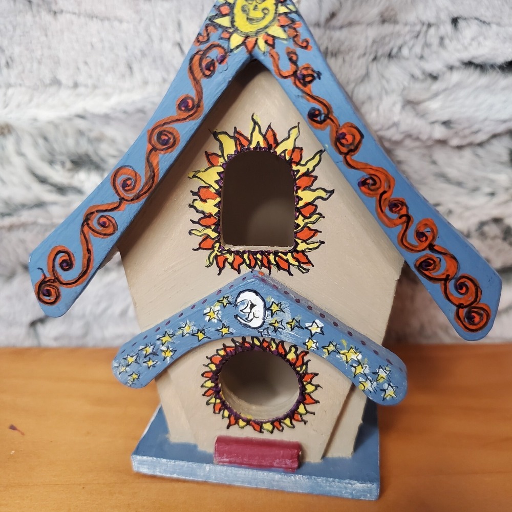 Miniature Hand‎ Painted Whimsical Bird House With E.E. Cummings Sayings Garden
